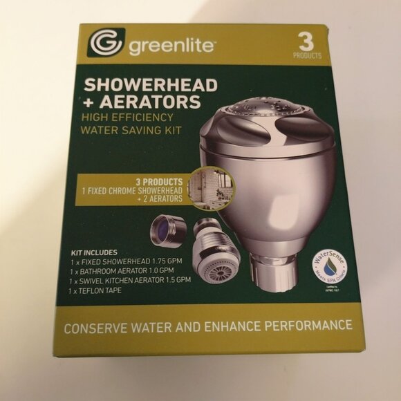 Greenlite Showerhead & Aerators High Efficiency Water Saving Kit Chrome Finish - Picture 1 of 4